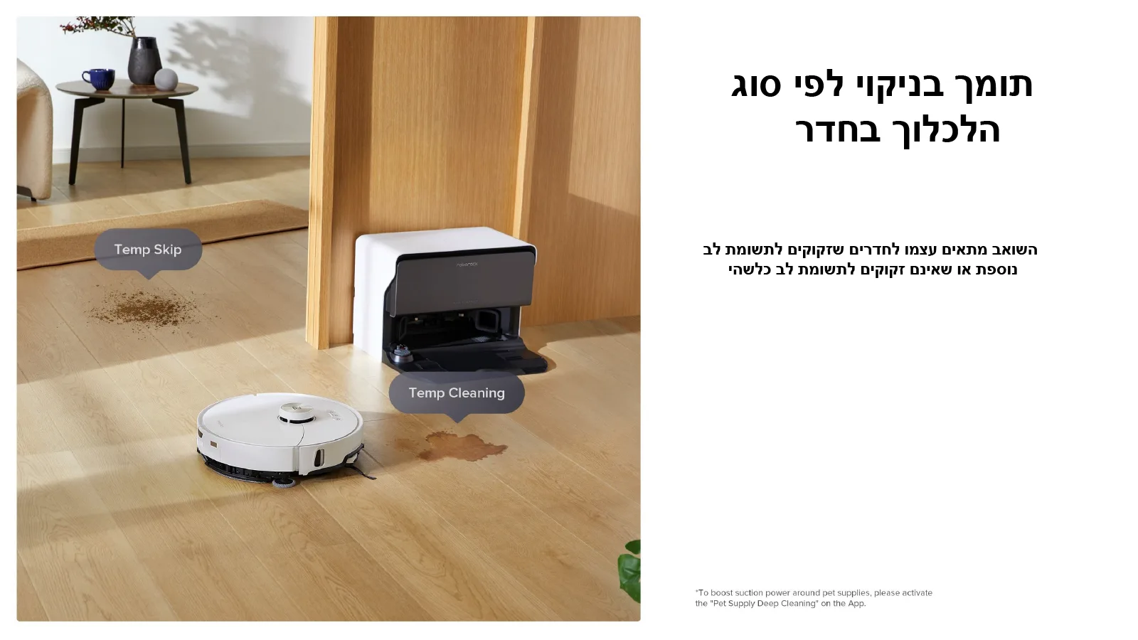 תומך בניקוי לפי סוג הלכלוך בחדר