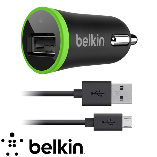 מטען לרכב 2.1A Belkin USB בצבע שחור כולל כבל USB ל-MicroUSB