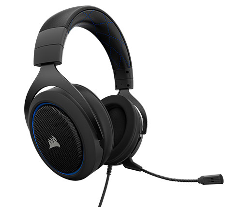 אוזניות גיימינג Corsair HS50 Stereo לקונסולת PS4 עם מיקרופון בצבע שחור כחול