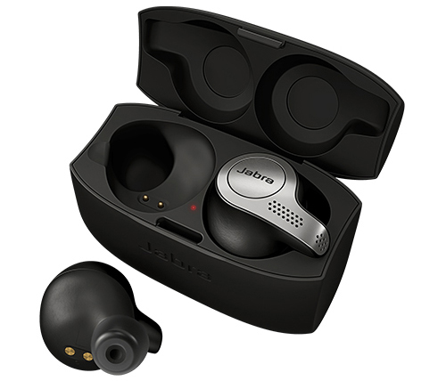אוזניות אלחוטיות Jabra Elite 65T עם מיקרופון Bluetooth בצבע שחור כסוף הכוללות כיסוי טעינה