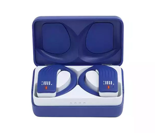 אוזניות אלחוטיות Bluetooth עם מיקרופון JBL Endurance Peak בצבע כחול ולבן הכוללות כיסוי טעינה