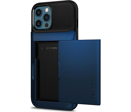 כיסוי לטלפון Spigen Slim Armor Wallet iPhone 12 Pro Max בצבע כחול הכולל מגירה לכרטיסי אשראי