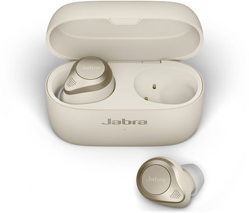 אוזניות אלחוטיות Jabra Elite 85t Bluetooth עם מיקרופון בצבע זהב הכוללות כיסוי טעינה