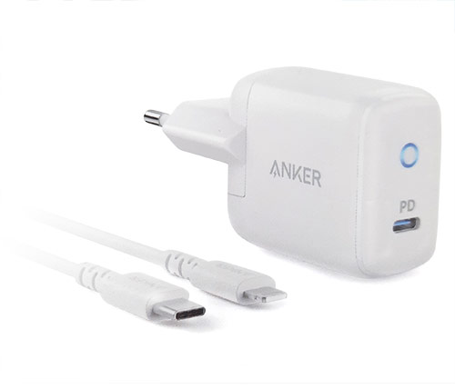 מטען קיר Anker הכולל חיבור USB-C הספק עד כ- 18W כולל כבל USB-C ל Lightning