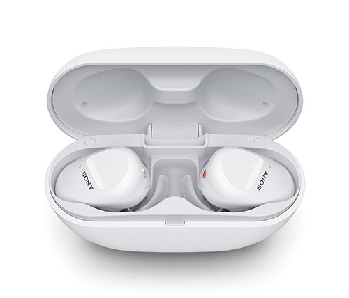 אוזניות ספורט אלחוטיות Sony WF-SP800N עם מיקרופון Bluetooth בצבע לבן הכוללות כיסוי טעינה