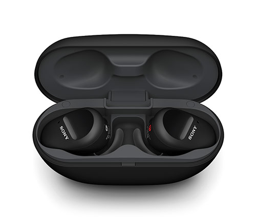 אוזניות ספורט אלחוטיות Sony WF-SP800N עם מיקרופון Bluetooth בצבע שחור הכוללות כיסוי טעינה
