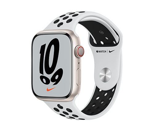שעון חכם אפל Apple Watch Nike Series 7 GPS + Cellular 45mm בצבע Starlight Aluminium Case עם Pure Platinum/Black Nike Sport Band