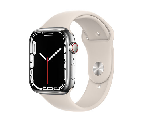 שעון חכם אפל Apple Watch Series 7 GPS + Cellular 45mm בצבע Silver Stainless Steel Case עם Starlight Sport Band