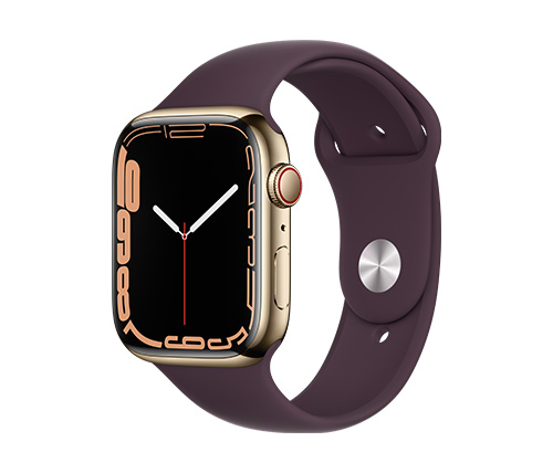 שעון חכם אפל Apple Watch Series 7 GPS + Cellular 45mm בצבע Gold Stainless Steel Case עם Dark Cherry Sport Band