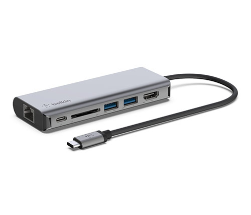 מתאם Belkin USB-C 6-in-1 Multiport Adapter מ-USB Type C ל-  USB-A 3.0 / HDMI 1.4 / USB Type C 3.0 / כניסת רשת RJ45 / כרטיס זכרון  