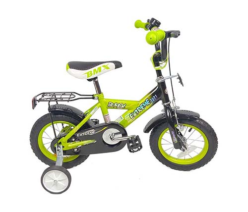 אופני ילדים BMX בגודל 12 אינצ' לגילאי 2.5-3 כולל גלגלי עזר בצבע ירוק זרחני - משלוח חינם