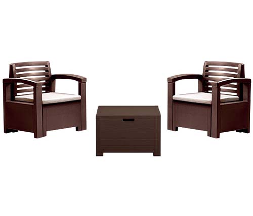 מערכת ישיבה BICA דגם NEVADA T בגימור דמוי עץ, כולל 2 כורסאות ושולחן קפה בצבע חום