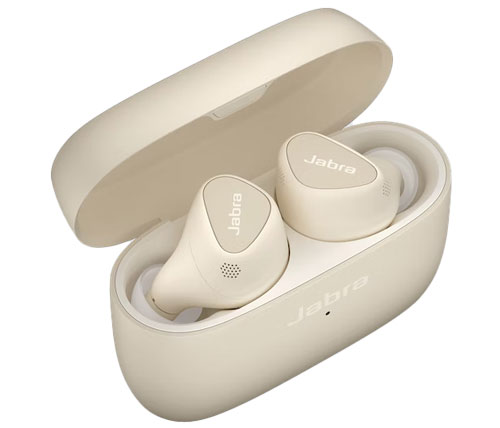 אוזניות אלחוטיות Jabra Elite 5 Bluetooth עם מיקרופון בצבע זהב בז' הכוללות כיסוי טעינה