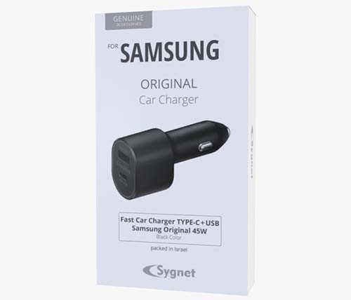 מטען לרכב Samsung הכולל 2 חיבורי USB-A מבית Sygnet