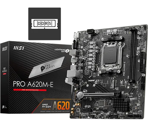 לוח אם MSI PRO A620M-E DDR5 AMD תמיכה AMD AM5, DDR5, PCIe 4.0, SATA 6Gb/s, M.2, USB 3.2 Gen 1, Gbps LAN, DVI/HDMI, mATX