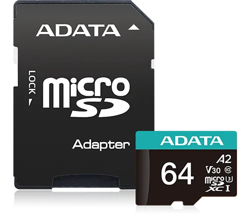 כרטיס זכרון ADATA Premier Pro Micro SDXC UHS-I U3 AUSDX64GUI3V30SA2-RA1 - בנפח 64GB כולל מתאם SD