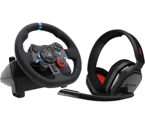 סט גיימינג Logitech G הכולל הגה מרוצים ודוושות G29 Driving Force לקונסולות PC / PlayStation ואוזניות גיימינג Astro A10