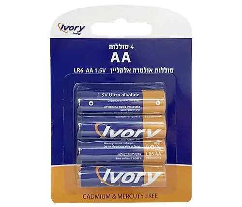 סוללות AA אולטרה אלקליין - 4 יחידות - Ivory Energy LR6 1.5V