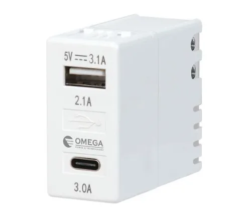 מטען שקע Omega GW1-USB-C-A-3.1A 3.1AxUSB תואם גוויס עם טעינה כפולה Type C + Type A