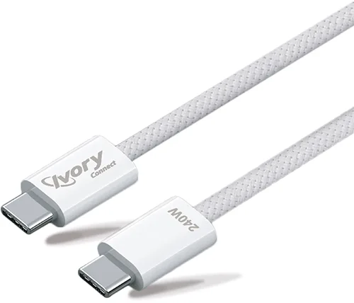 כבל טעינה Ivory Connect 240W מ USB-C ל USB-C באורך כ-1 מטר בצבע לבן