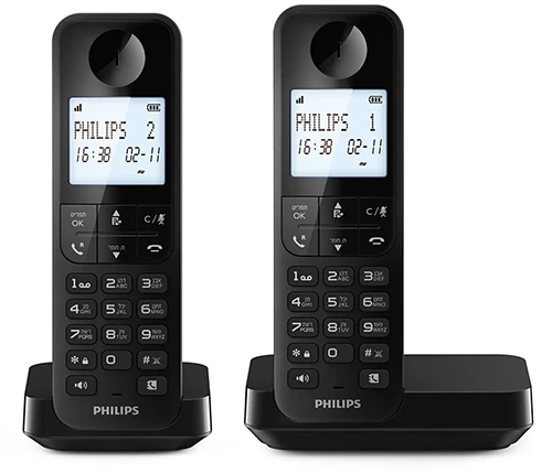 מציאון – טלפון אלחוטי 2 שלוחות פיליפס Philips D2702B/25 בצבע שחור עם תפריט בעברית ואנגלית – מוחדש