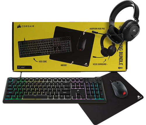 סט גיימינג Corsair של 4 ב-1 הכולל מקלדת K55 Core RGB אוזניות HS35 V2 עכבר Harpoon Pro RGB ומשטח לעכבר MM100 Cloth
