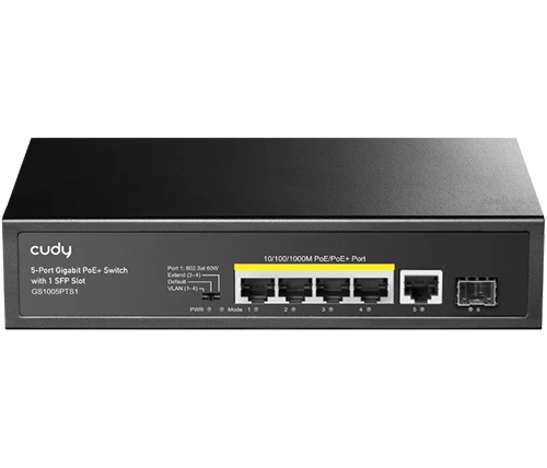 מתג Cudy Switch GS1005PTS1 עם 5 יציאות Gigabit PoE  + חריץ SFP 