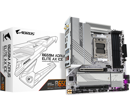 לוח אם Gigabyte B650M AORUS ELITE AX ICE WIFI6E DDR5 mATX AM5 AMD בצבע לבן