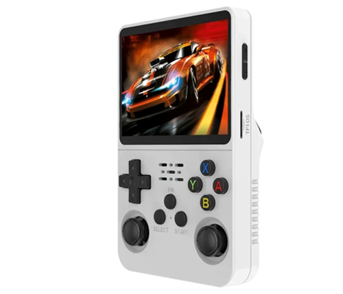 קונסולת משחקים ניידת למשחקי רטרו עם מסך IPS בגודל 3.5 אינץ וכרטיס זיכרון MIZUKI R36S 64GB בצבע לבן