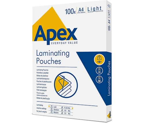 דפי למינציה 100 יחידות 75 מיקרון Fellowes Apex A4 Light 