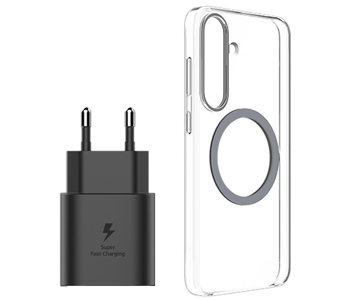 סט כיסוי מגנטי שקוף ל-Samsung Galaxy S25 Plus ומטען 25W
