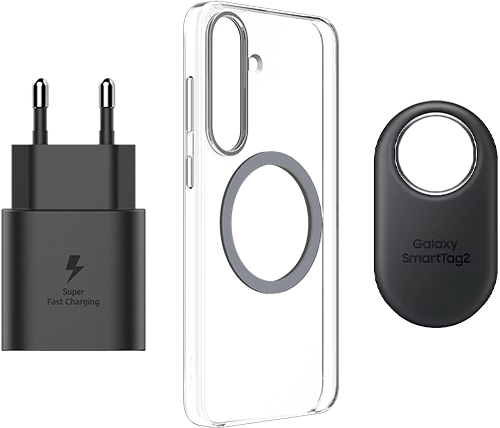 סט כיסוי מגנטי שקוף ל-Samsung Galaxy S25 Plus - כולל Smart Tag 2 ומטען 25W