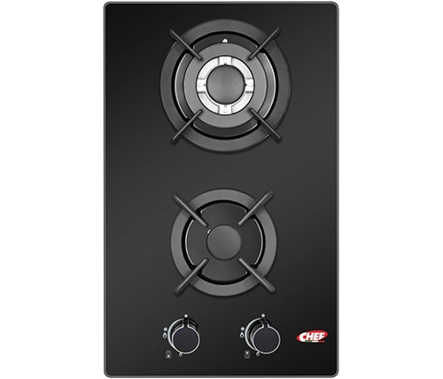 כיריים גז 2 להבות דומינו בגימור זכוכית שחורה Chef GB3004 29x51