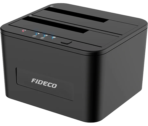 תחנת עגינה 2 מפרצים FIDECO לדיסקים וכונני SSD בממשק SATA עם אפשרות שיכפול כונן