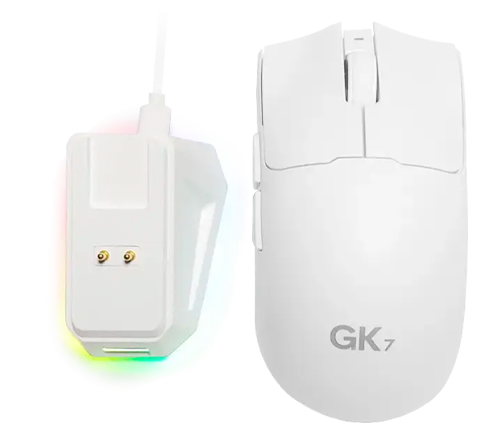עכבר גיימינג אלחוטי נטען עם תאורת  GK7  RGB כולל בסיס טעינה, בצבע לבן