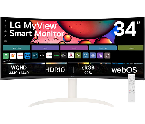 מסך חכם רחב קעור עם שלט 34 אינץ LG MyView Smart UWQHD 21:9 webOS 100Hz 34SR65QC-W - צבע לבן