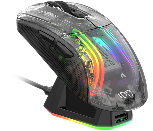 עכבר גיימינג בלוטוס אלחוטי Attack Shark X2PRO –  שקוף כהה עם תאורת RGB מרשימה כולל בסיס מגנטי עם טעינה אלחוטית