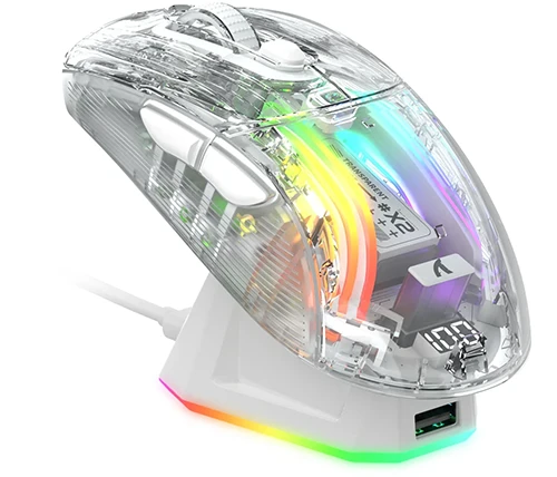 עכבר גיימינג בלוטוס אלחוטי Attack Shark X2PRO –  שקוף בהיר עם תאורת RGB מרשימה כולל בסיס מגנטי עם טעינה אלחוטית