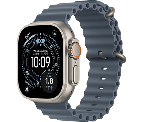 שעון חכם אפל Apple Watch Ultra 3 GPS + Cellular – גודל 49 מ''מ – צבע Natural Titanium – רצועה Ocean Band כחולה