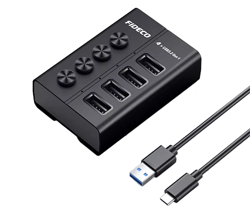 מפצל USB 3.2 עם 4 יציאות - כולל ספק כח - עם מתגי הפעלה ליציאות - FIDECO HKG04