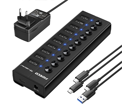 מפצל USB 3.2 עם 10 יציאות - כולל ספק כח - עם מתגי הפעלה ליציאות - FIDECO HKG10