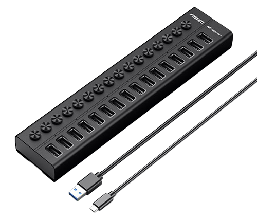 מפצל USB 3.2 עם 16 יציאות - כולל ספק כח - עם מתגי הפעלה ליציאות - FIDECO HKG16