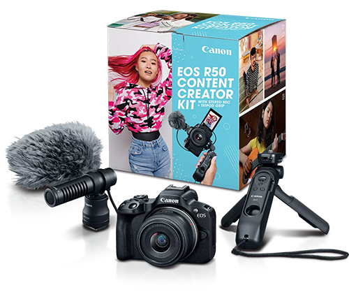 ערכת צילום - מצלמה דיגיטלית Canon EOS R50 עדשה RF-S 18-45mm F4.5 חצובה HG-100TBR מיקרופון סטריאו DM-E100 ואביזרי בסיס נלווים 