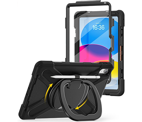 כיסוי קשיח לאייפד Apple iPad 10th Gen / A16 – גדלים 10.9/11 אינץ – כולל מגן מסך, רצועת כתף, ידית, ורצועה לעט – צבע שחור