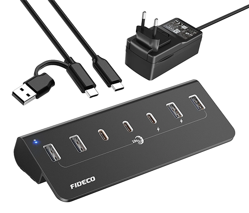 מפצל USB 3.2 Gen2 עם 7 יציאות – כולל יציאות USB-C – כולל ספק כח – FIDECO H708C43