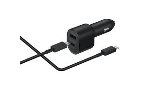 מטען לרכב Samsung הכולל חיבורי USB-A + USB-C הספק עד כ- 45W + 15W כולל כבל